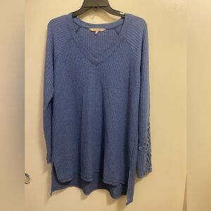 Soft Surroundings Womens Blue Top L Large Blouse V Neck Lace Long Sleeves Waffle